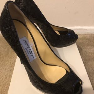 Jimmy Choo Black Glitter Peep Toe Pump: “Quiet”